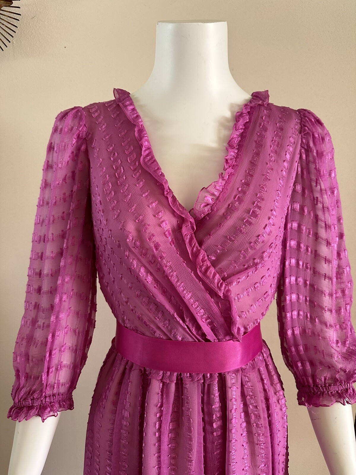 1980s Neiman Marcus Pink Sheer Ruffle Wrap Dress Ribbon Belt Petite Vintage