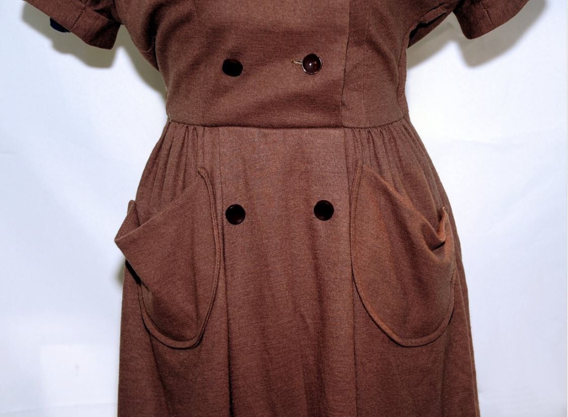 Vintage 1960’s Helen Whiting Brown Wool Day Dress Button Front XS/S Swiss Miss