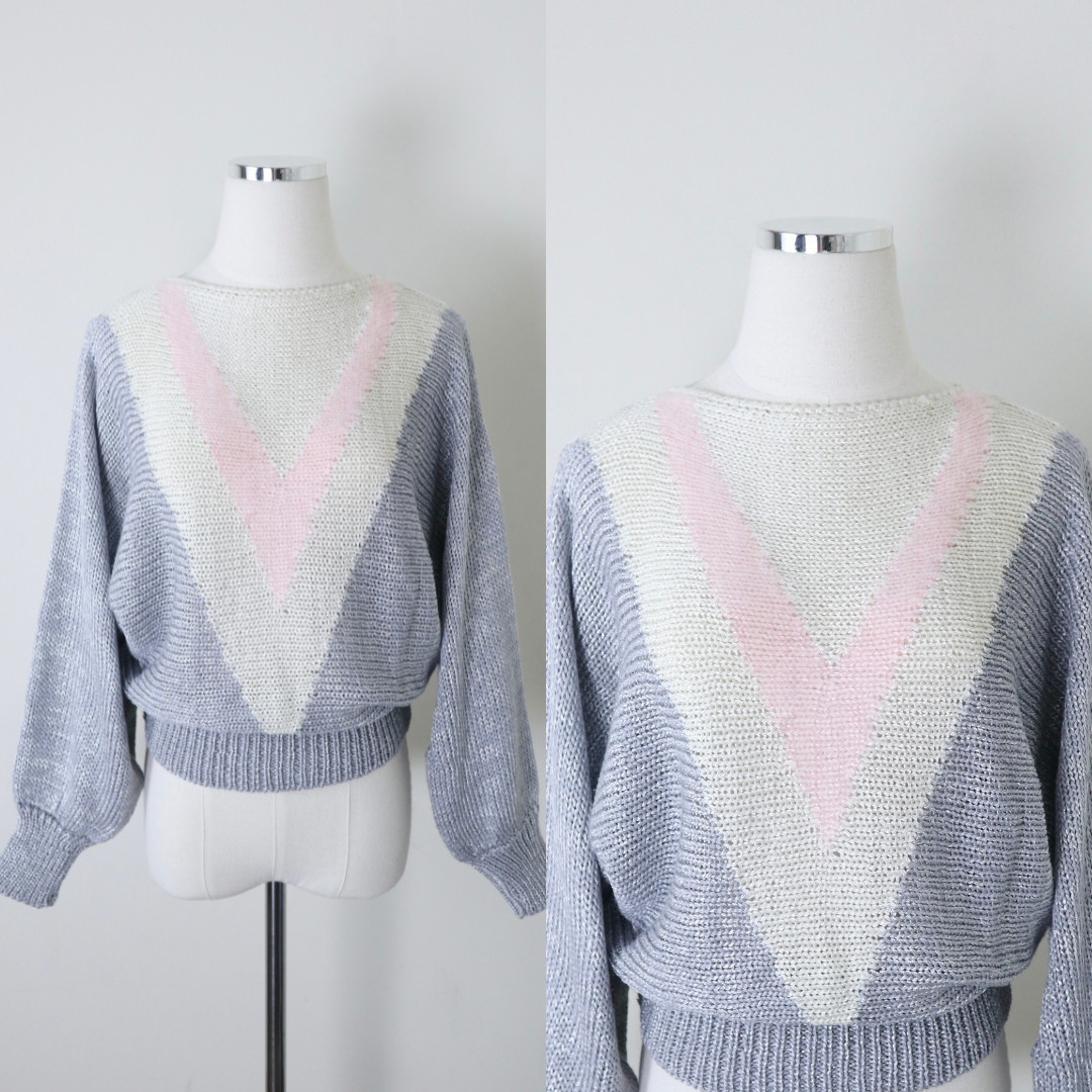 Vintage 1980s Angora Metallic V Varsity Knit Sweater Batwing Silver Pastel Pink