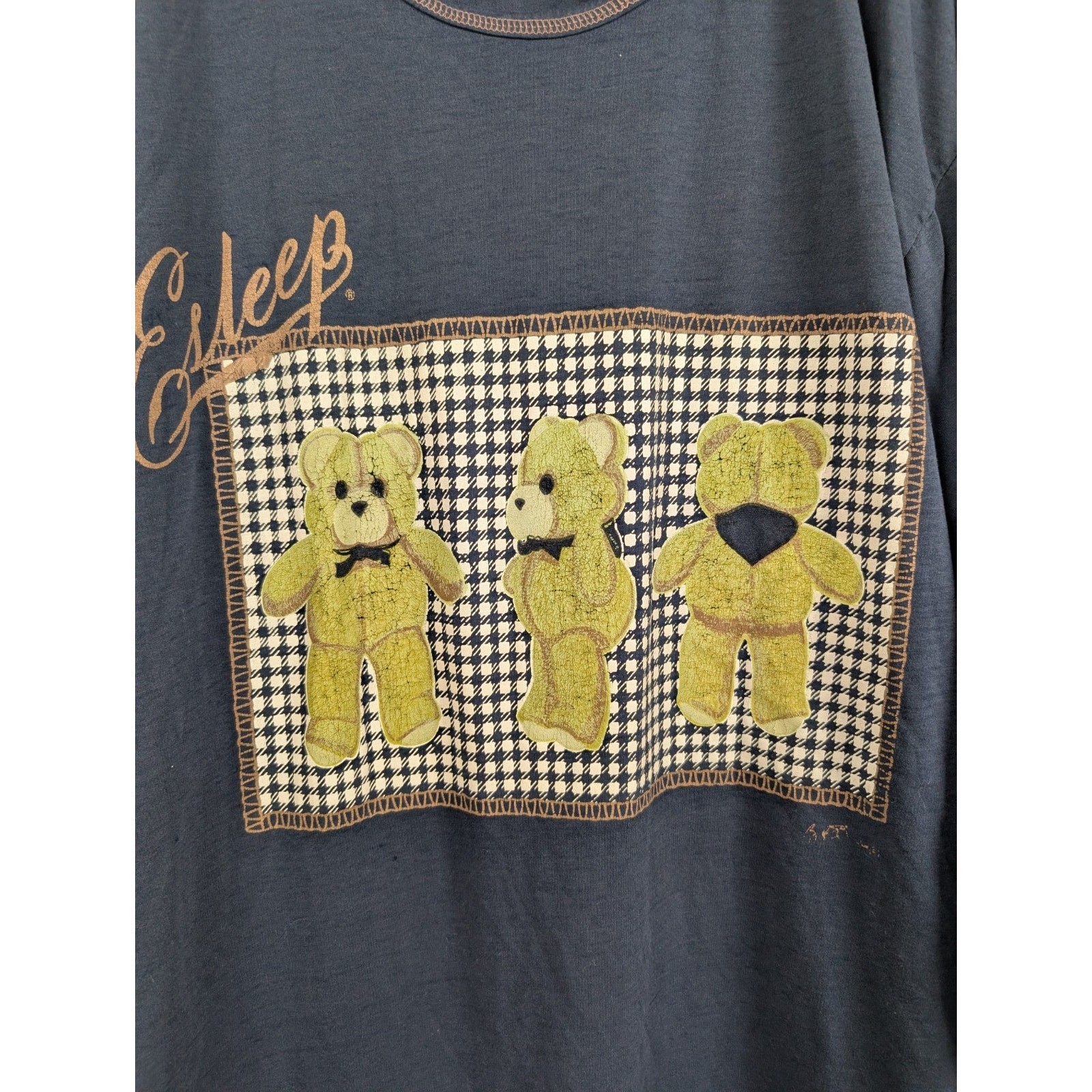 Esleep Vintage Teddy Bear Night Gown One Size Navy Blue Long Sleeves Nightgown