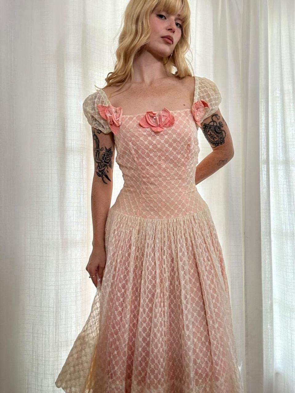 1940s blush pink puff sleeve fairy cottage princess floral appliqué party dress