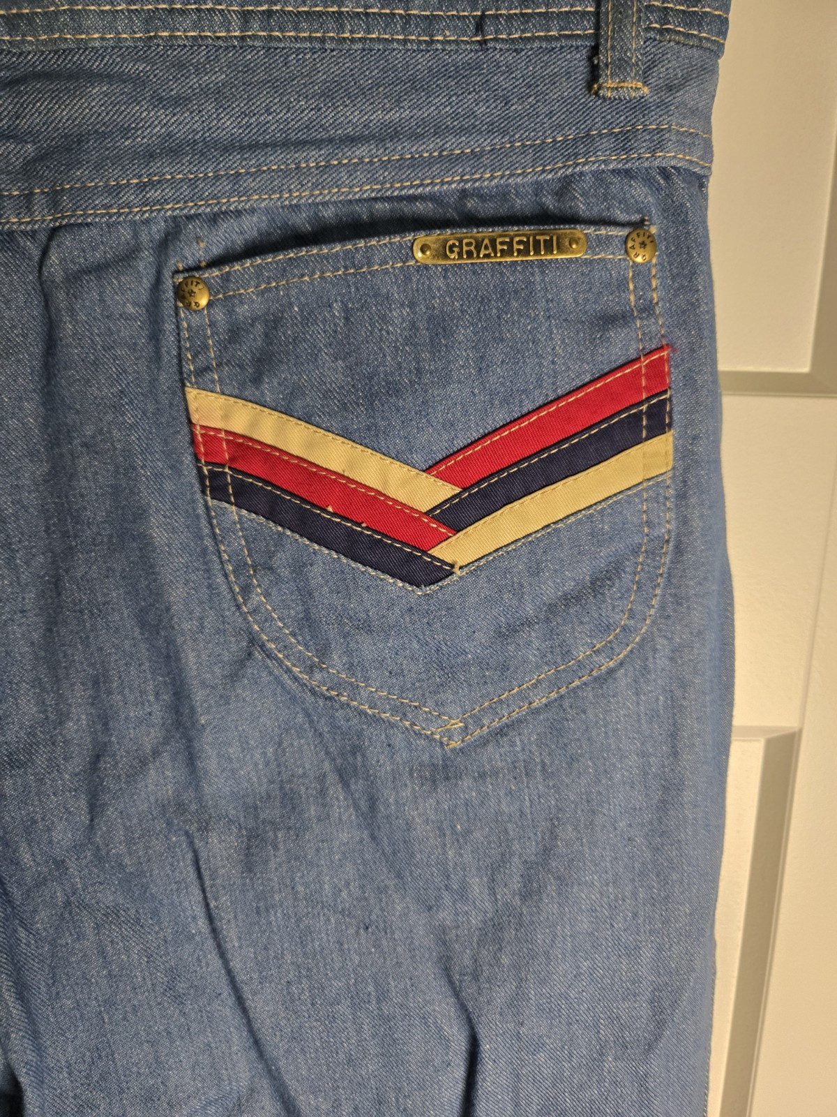 Vintage 70s Graffiti Jeans Boot Cut Calvary Style Mens 34 Wms 13