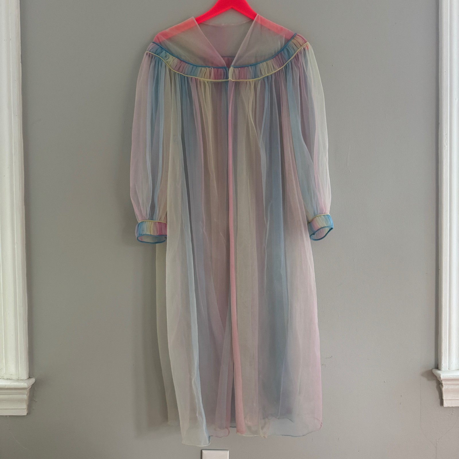 60s vtg DOLSYL Sheer Pastel RAINBOW OMBRE Dressing Gown Chiffon Robe Tent Dress