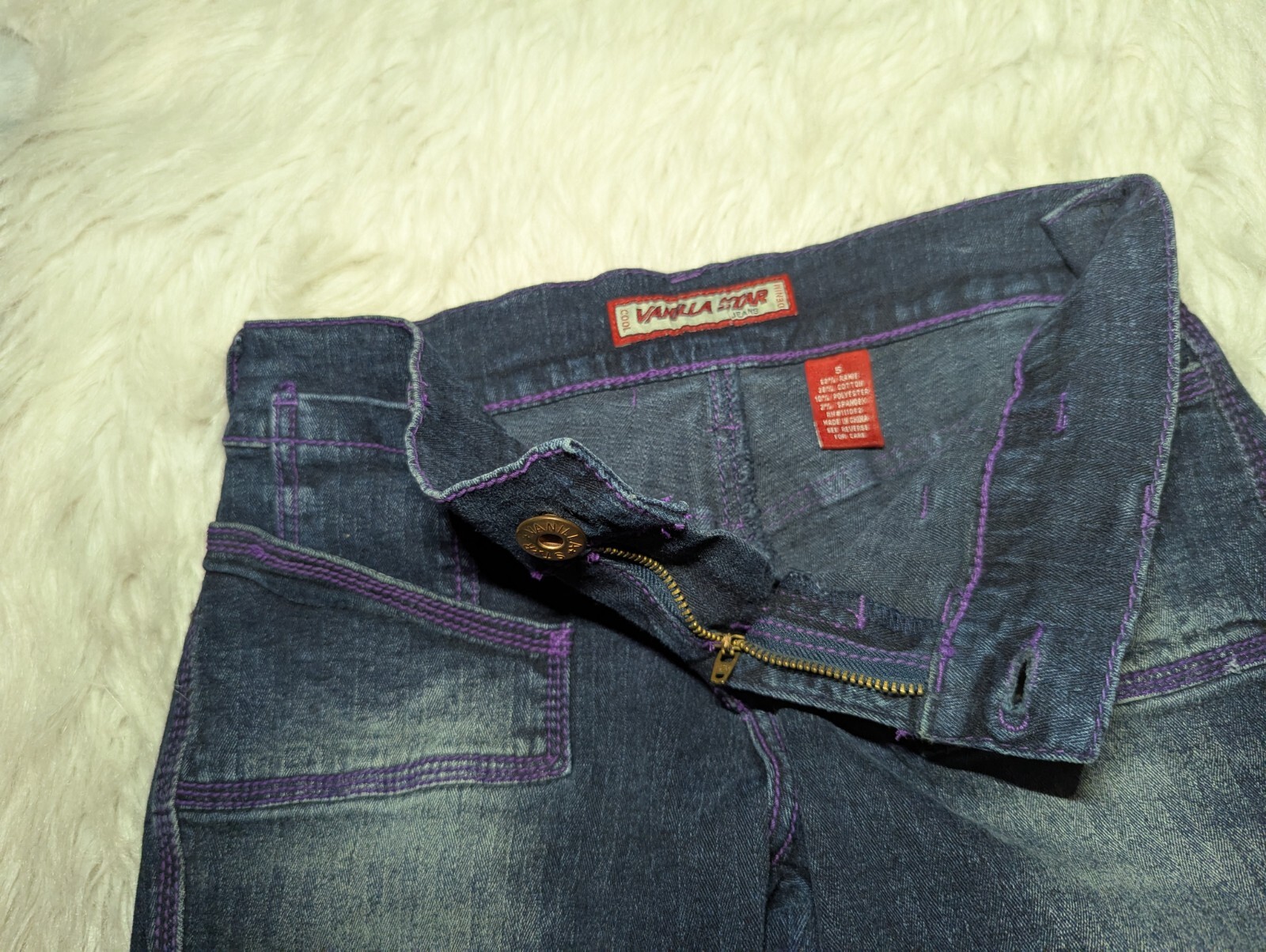 VANILLA STAR Purple STITCHED Low Rise Blue Jeans COOL DENIM Junior’s 5 ALTERED