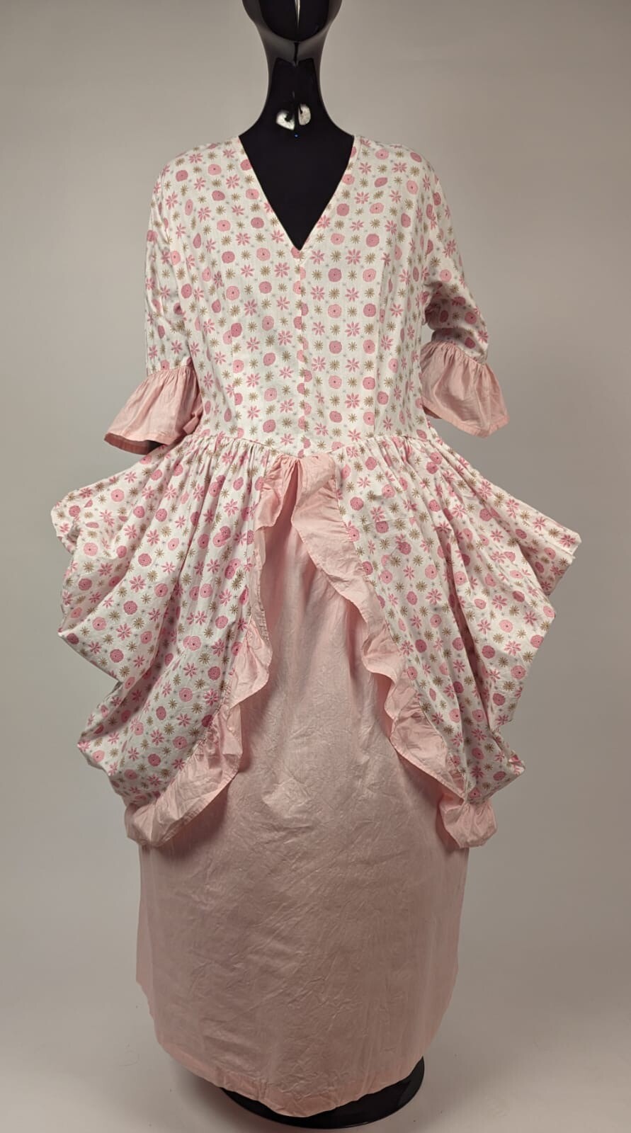 VINTAGE 1940’S PRINT COTTON POLONAISE DRESS IN 18TH C STYLE