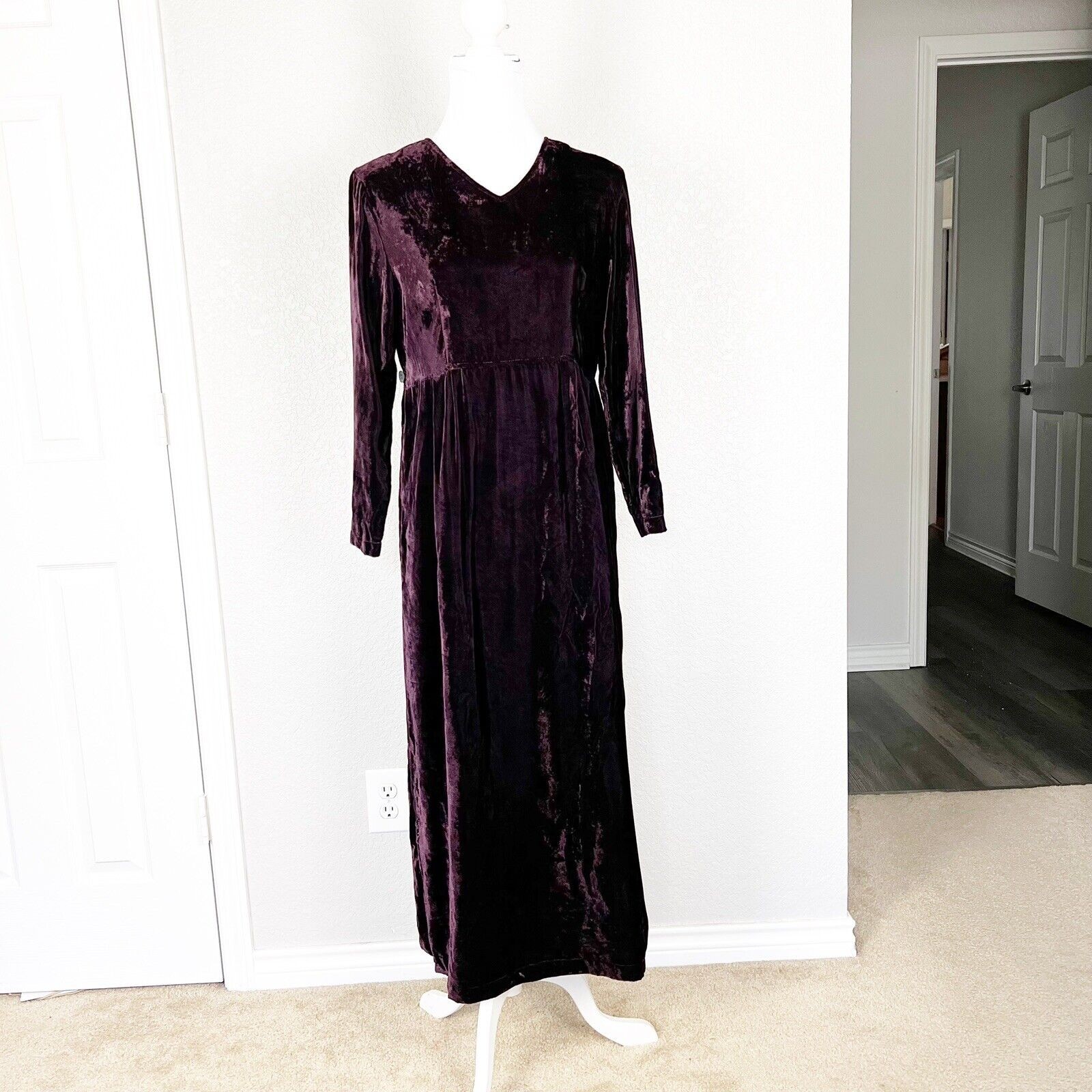 Vtg 90s Whimsigoth Earth Song Velvet Maxi Dress Witchy Dark Purple Sz 8P Petite