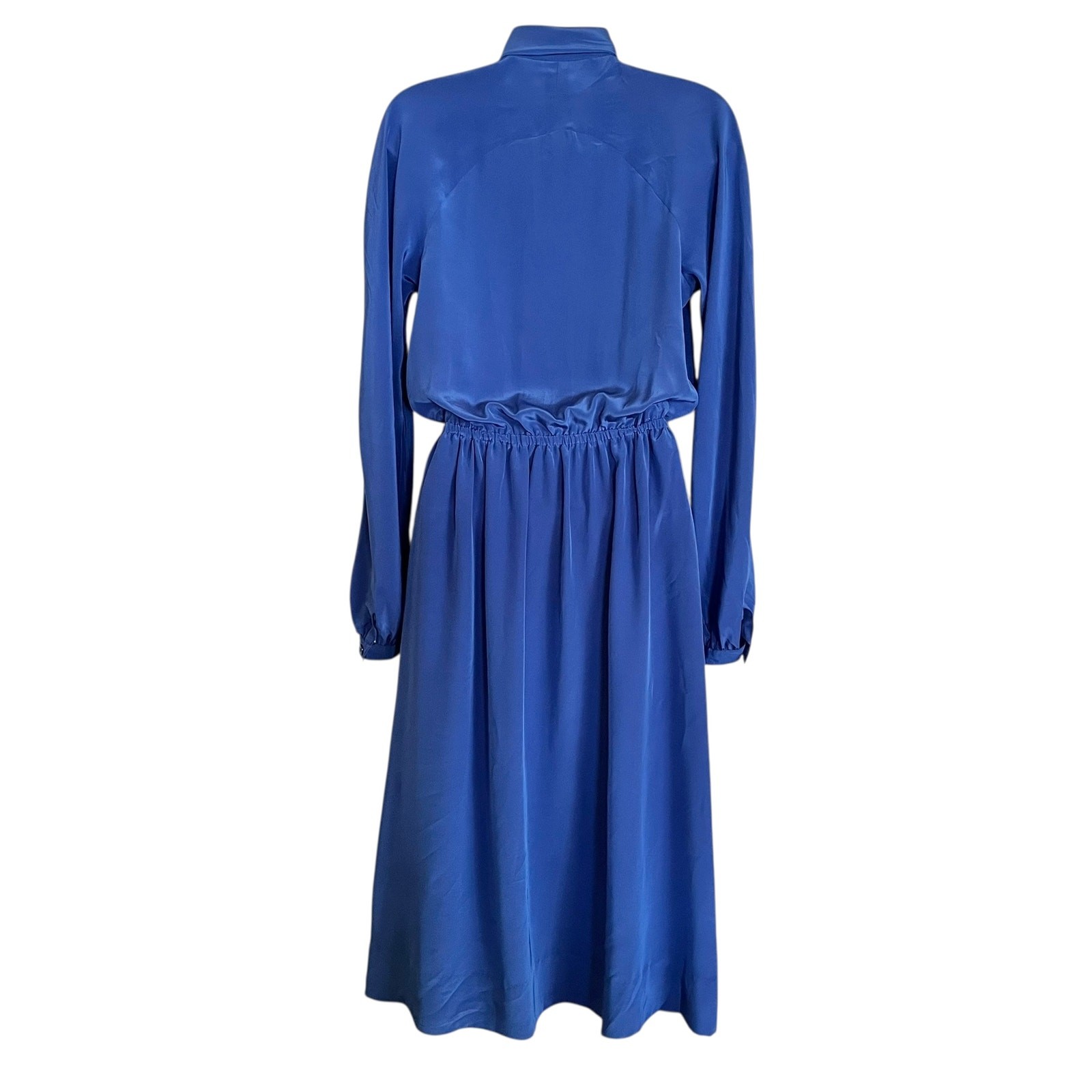 Vintage Halston III Blue Satin Tie-Neck Blouson Midi Secretary Shirt Dress XS/S