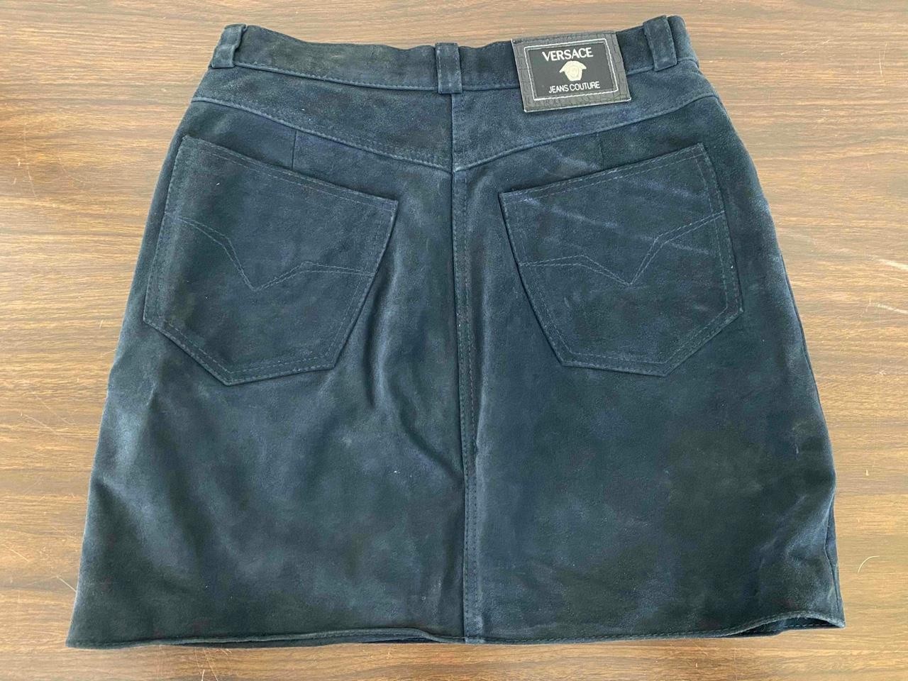Vintage 1990s Versace Logo Jeans Couture Dark Blue Suede Mini Skirt Size 30/44