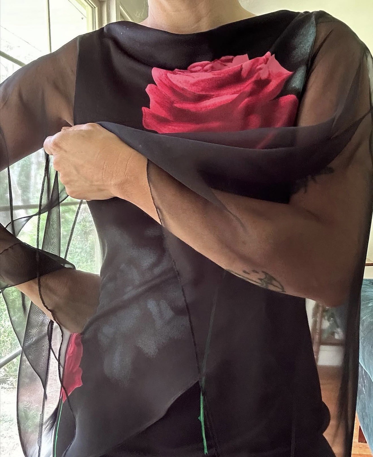 Glamorous Vintage 70s Black Roses Maxi Dress with Chiffon Angel Sleeves Size M/L
