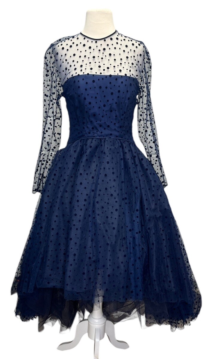 Arnold Scaasi Navy Tiered Tulle Dress Sheer Velvet Polka Dot Overlay Medium Prom