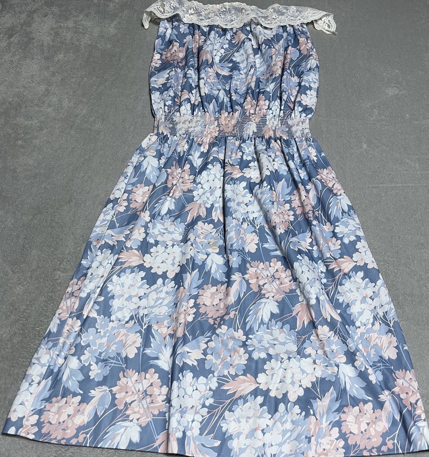 Vintage 70s Montgomery Ward Dress Womens 14 Blue Floral Lace Collared Sleeveless