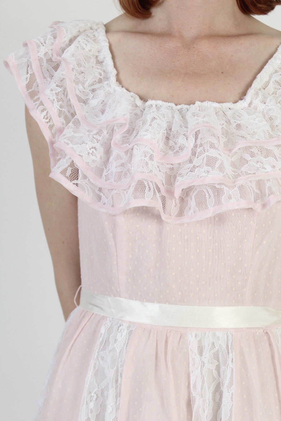 Vtg Pink Polka Swiss Dot Dress 70s Romantic Country Saloon Off Shoulder Dress