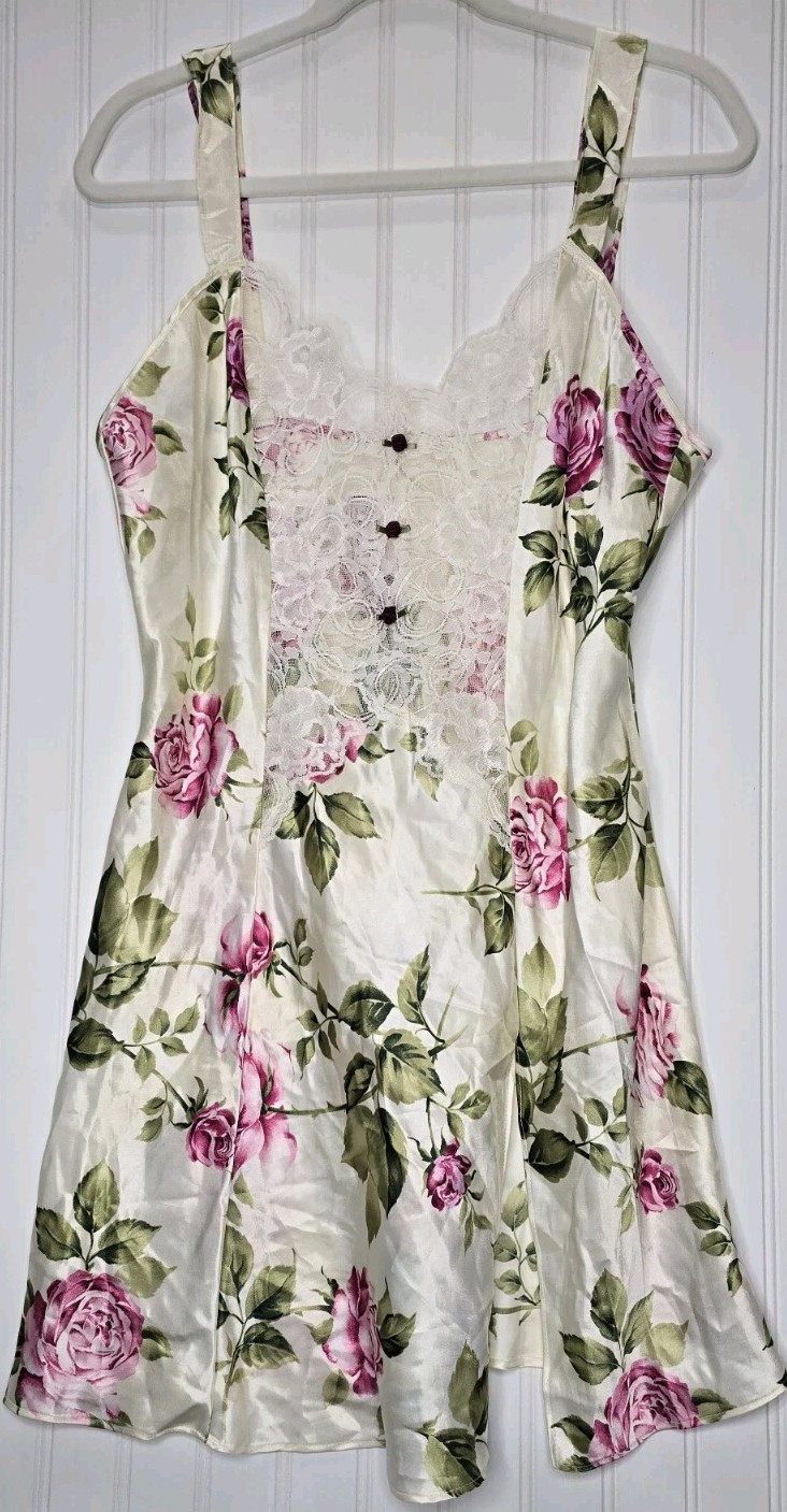 Vintage California Dynasty Satiny Floral Nightgown Lace Panel Side Split Size L