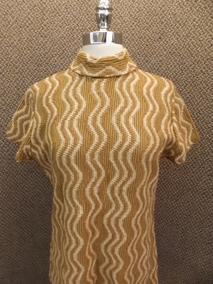 Hipster Vtg 60s Lampl Fall Season Brown Tan Wavy Line Stripe Knit Casual Dress M