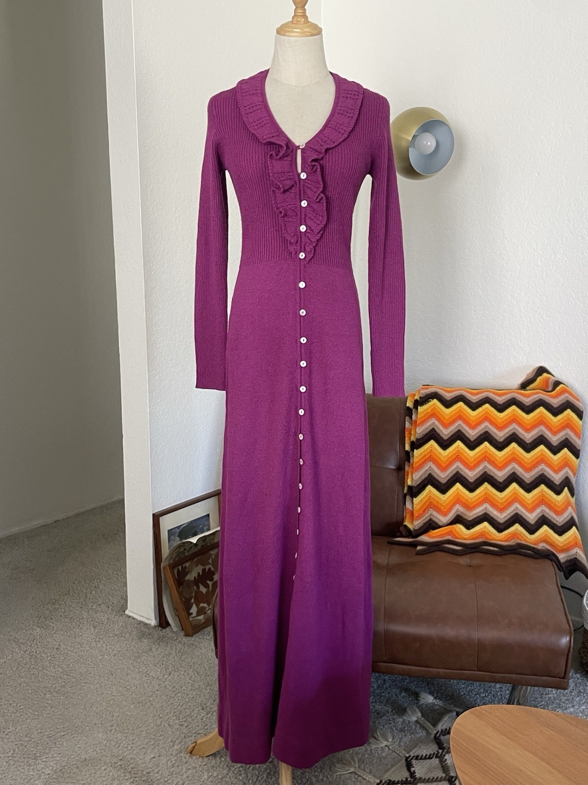 Vintage 1970s International Boutique Glam Classic Ruffle Buttoned Knit Dress