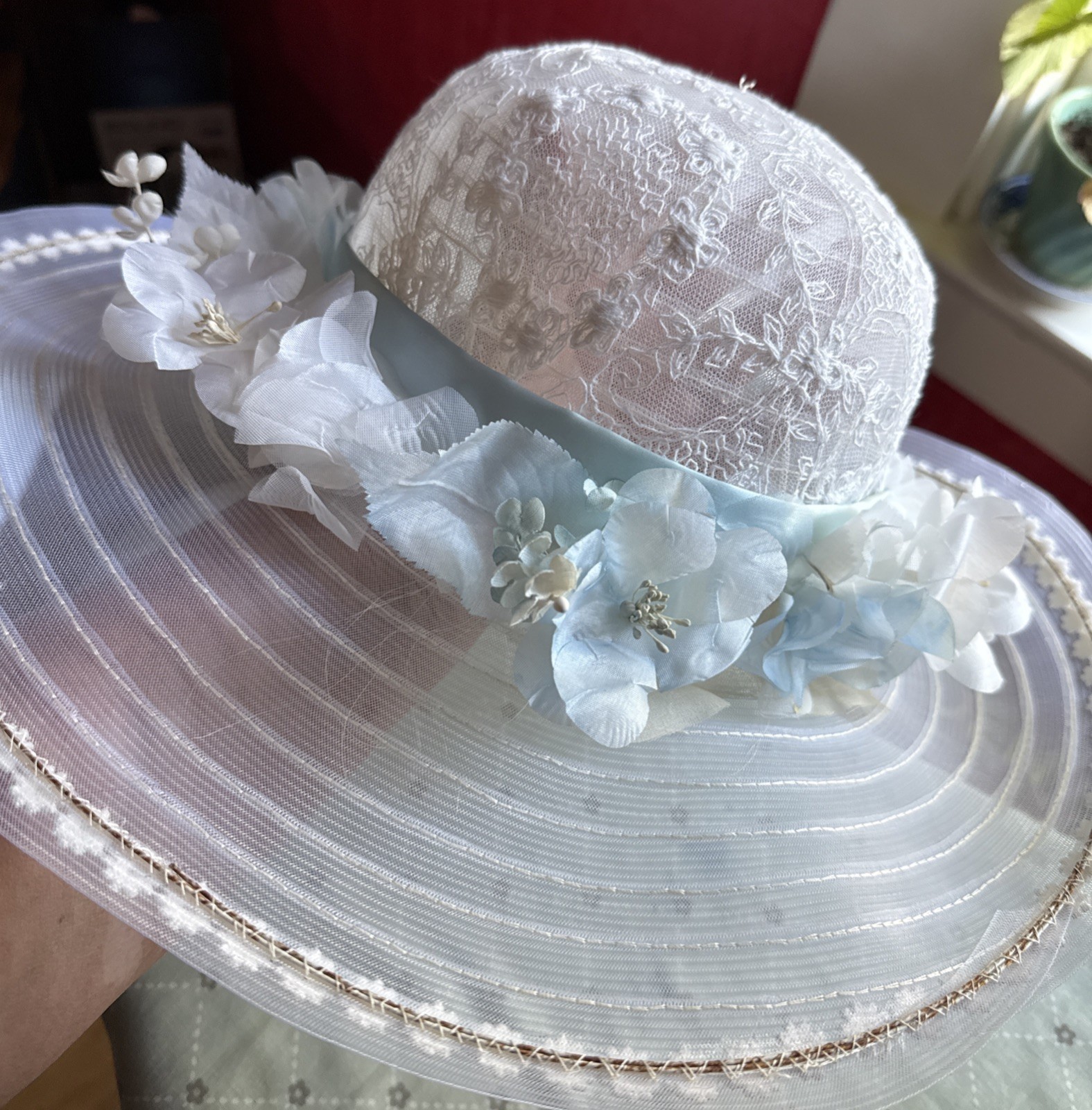 1970s White Lace Bridal Hat-With Blue Ribbon Band & Flowers- Wide Brim