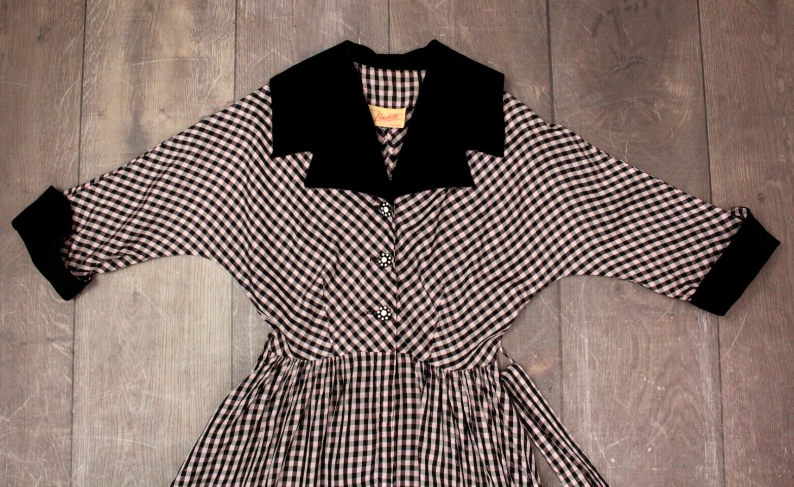 Vtg Womens 40s Black & Pink Checked Gown W/ Velvet Trim XS/S 1940s Taffeta Dress