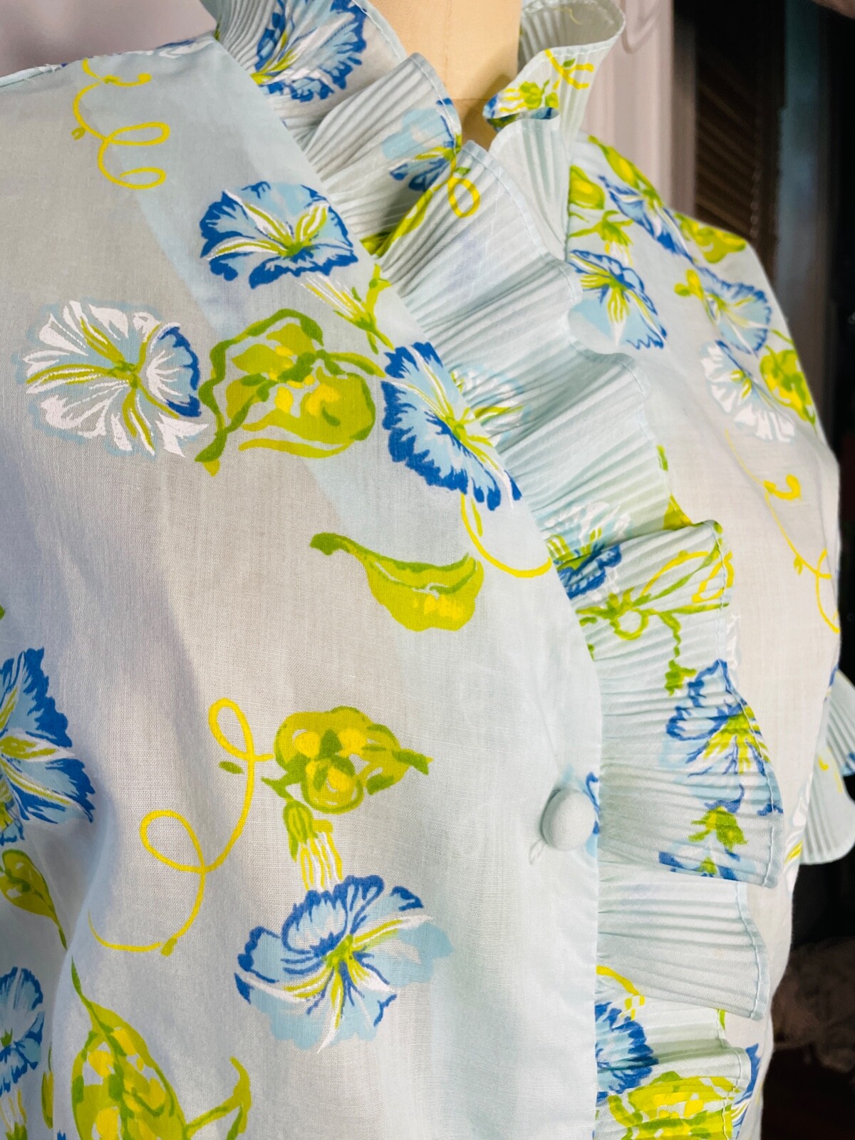 VTG 60’S MOD LORI TILL BLUE GREEN YELLOW FLORAL RUFFLE MAXI HOUSE DRESS ROBE*S/M