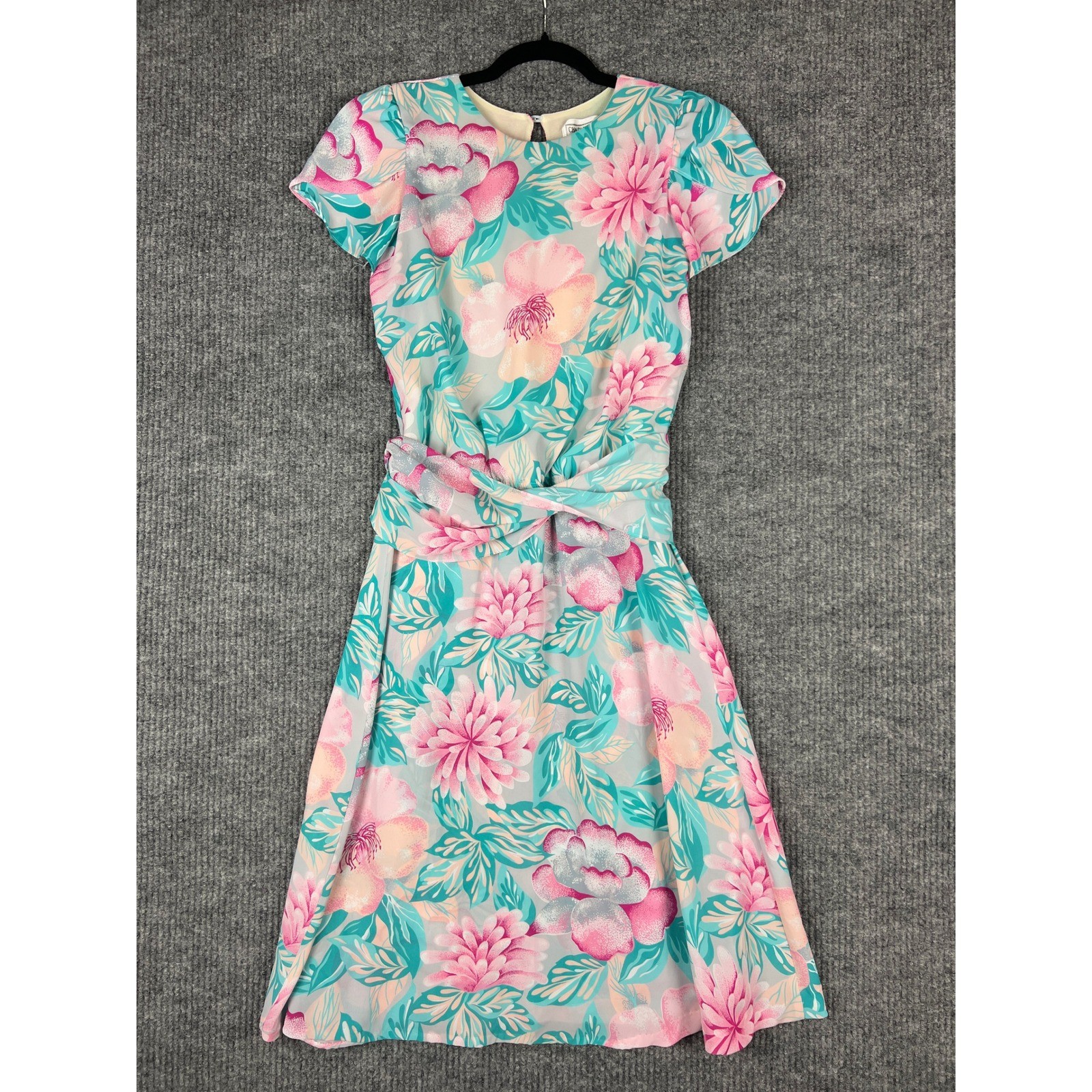 Vintage Floral Scarf Belt Midi Dress Boho Cottagecore Garden Party Pink 9/10