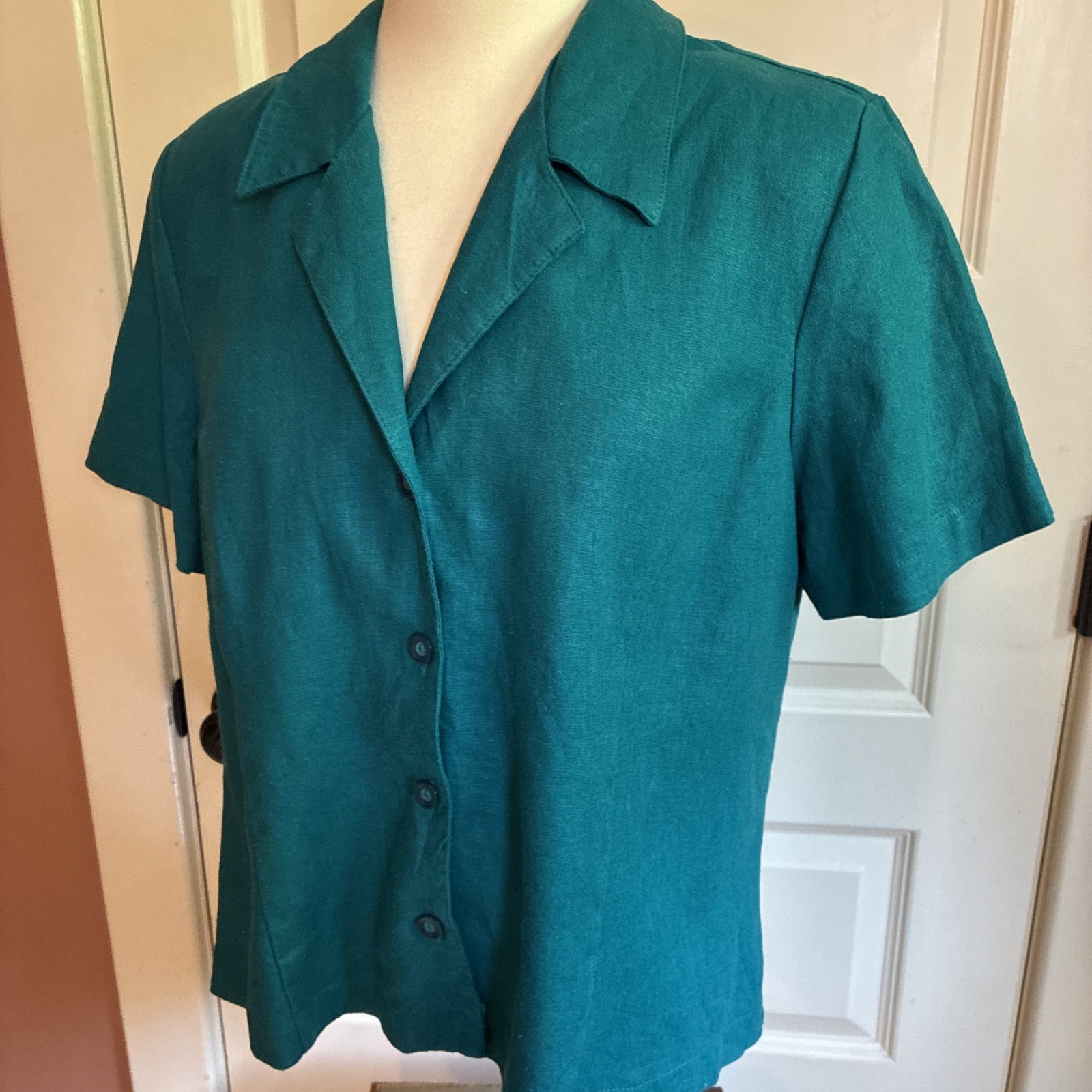 Vintage Linen Teal Collared Button Up Blouse Large Short Sleeve Blue Green 90s
