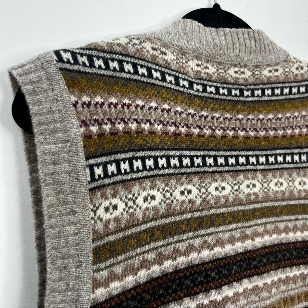 Vintage 80s 90s pure wool grey tan fair isle button front grandpa sweater vest M