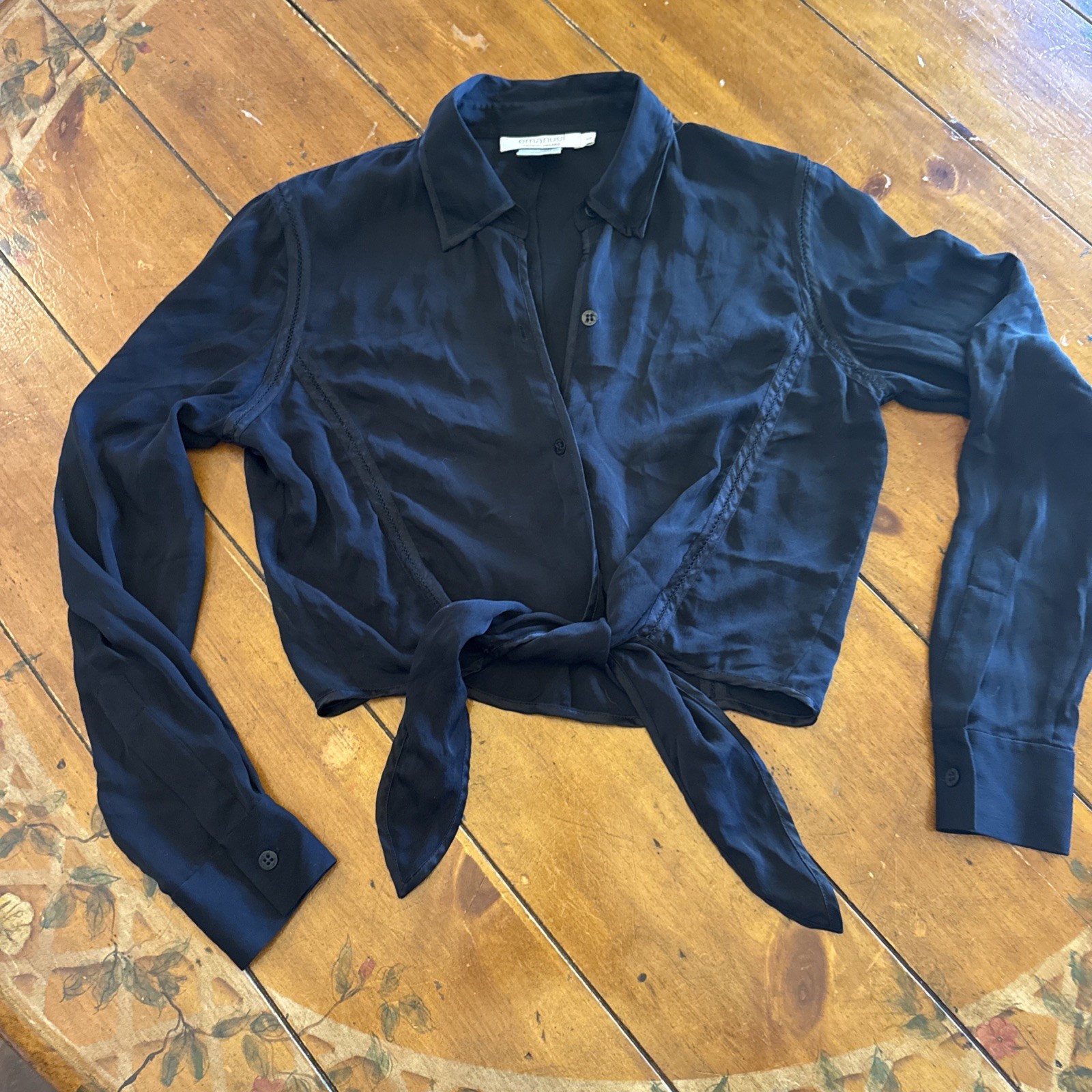 Vintage Emanuel Ungaro Black Blouse Silk Tie Waist Semi Sheer Top Size 4/38