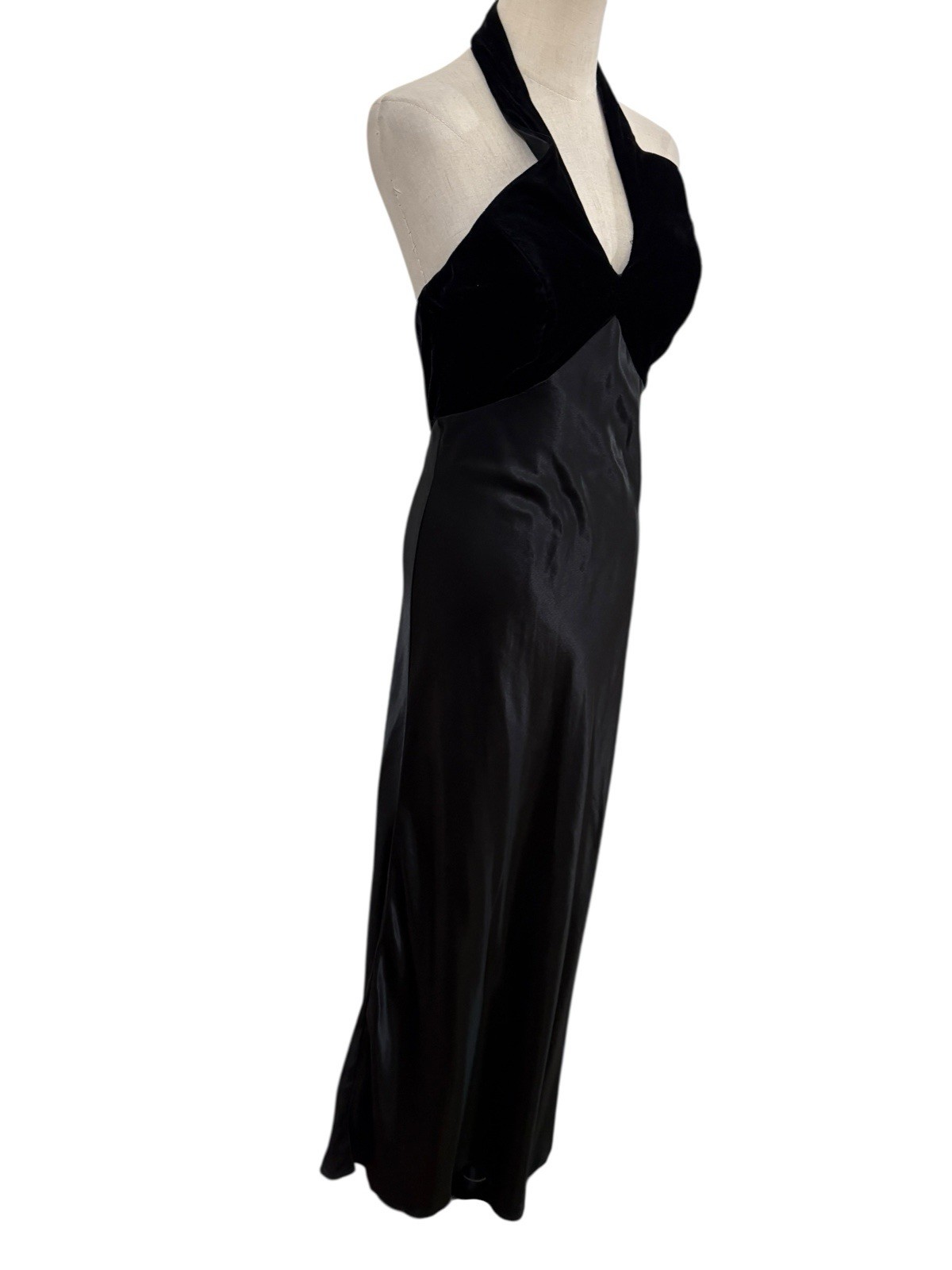 Vtg 90s LA Glo Black Velvet & Satin Halter Slip Maxi Gown Dress Sz 7 Glam Goth