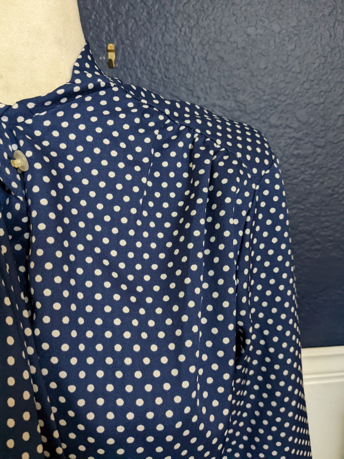 VTG 1970s Lee Mar Necktie Button Blouse Shirt Blue Polka Dot Sears Sz 14 Large L