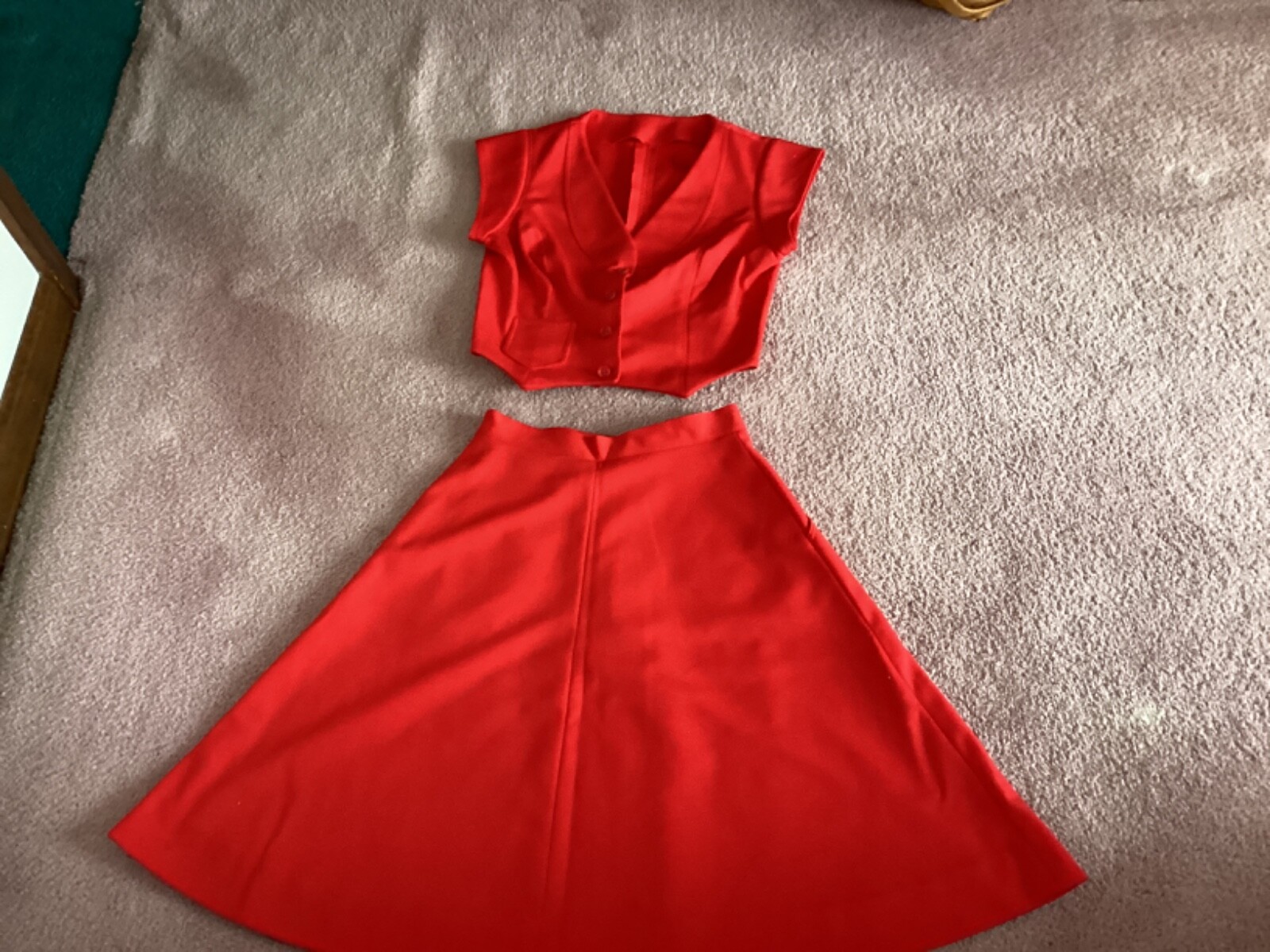 Vtg 70s Double Knit Polyester Vest & Skirt Set Red Handmade