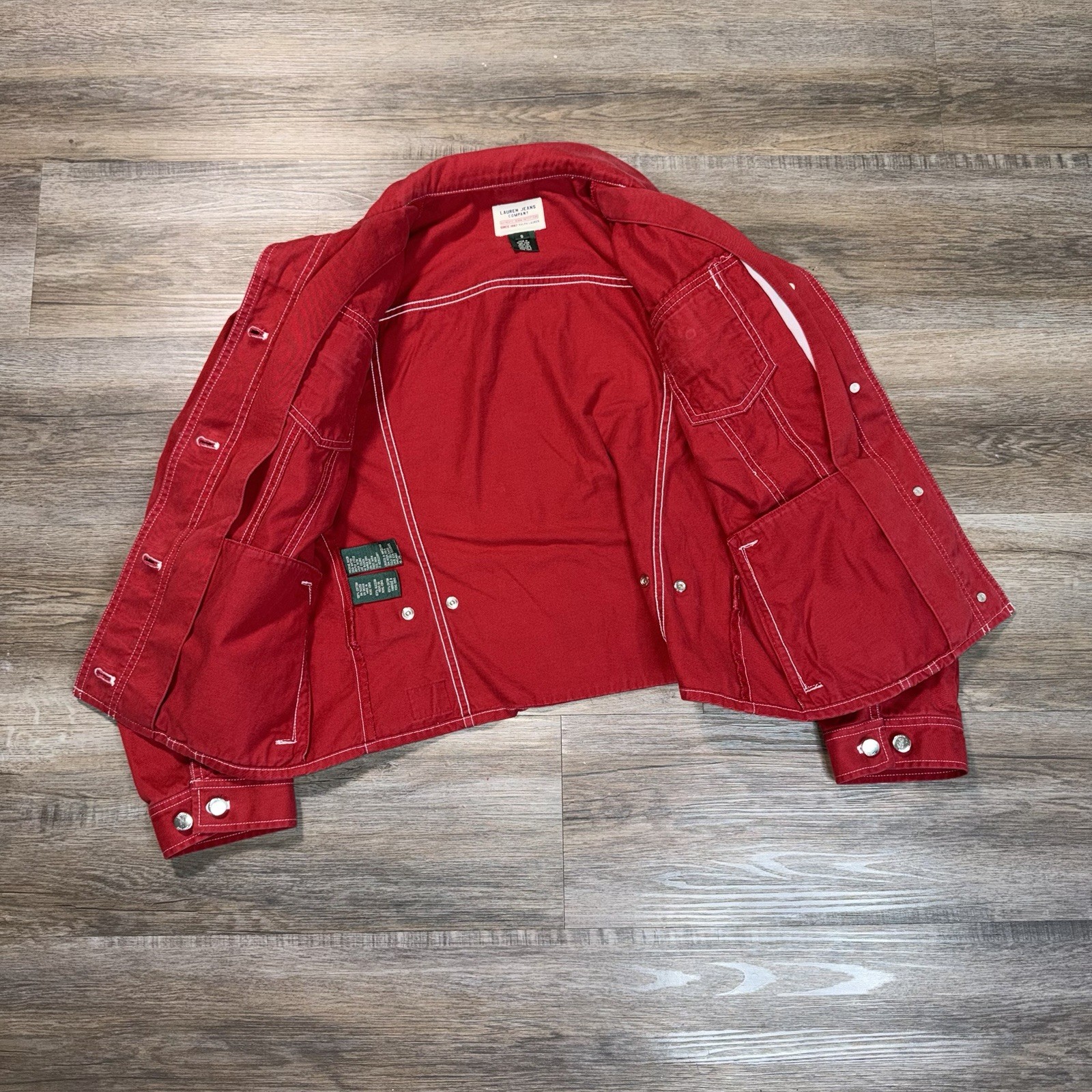 VTG Lauren Ralph Lauren Jeans Company Red Denim Jacket Womens S White Stitching