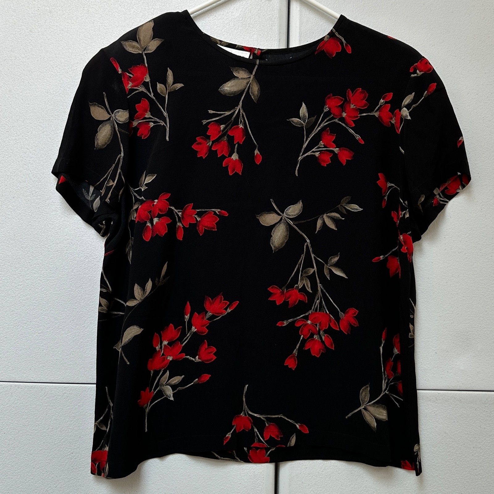 VTG 90s Rena Rowan Black Floral Rayon Blouse 14 Whimsygoth Corporate Goth Top