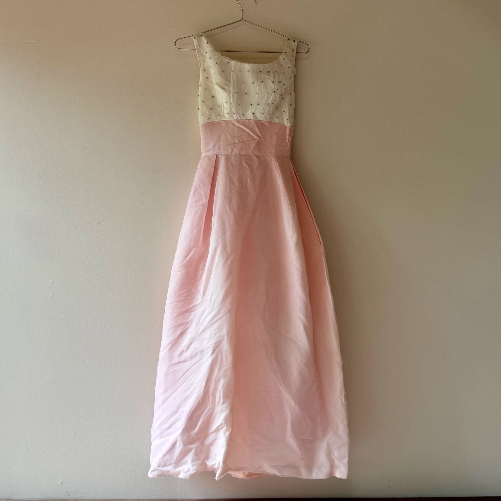 Vintage 1950s Sleeveless Gown with Beaded Bodice and Pink Satin Skirt