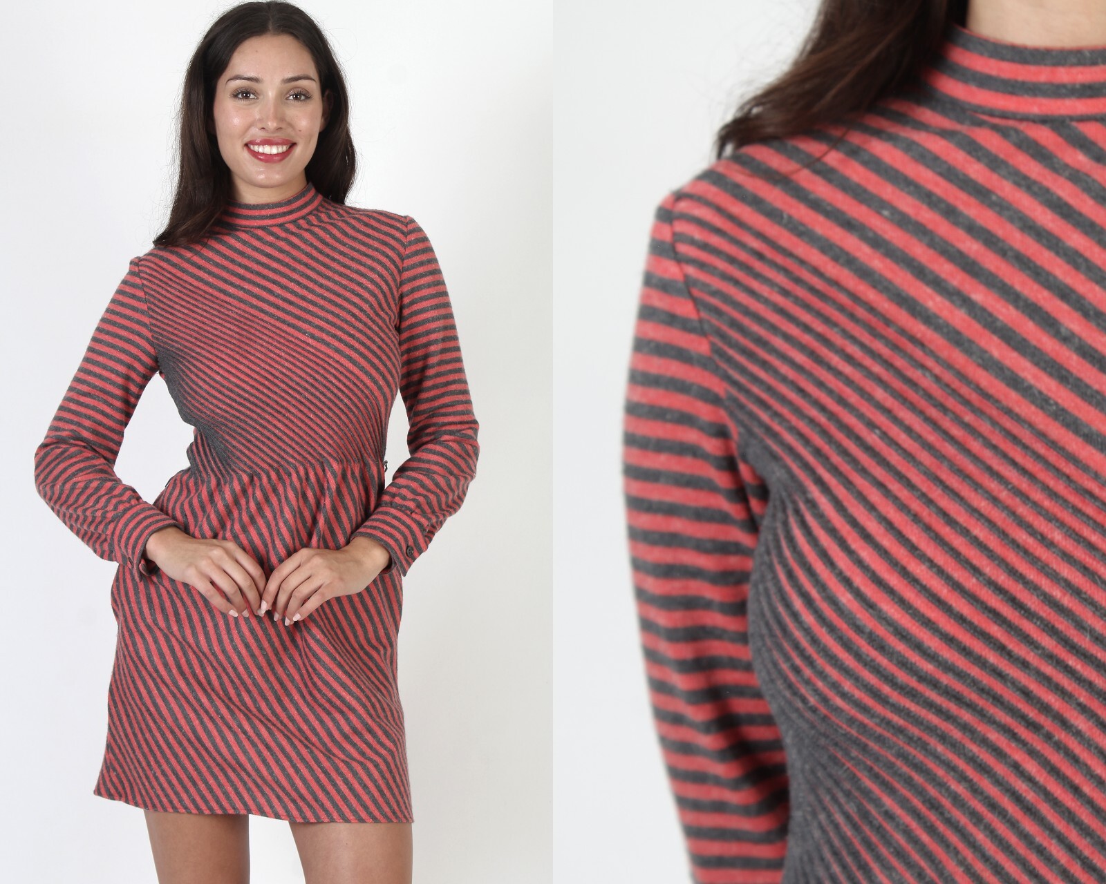 Vtg 60s Minimalist Striped Go Go Mini Dress With Pockets Preppy Jersey Uniform