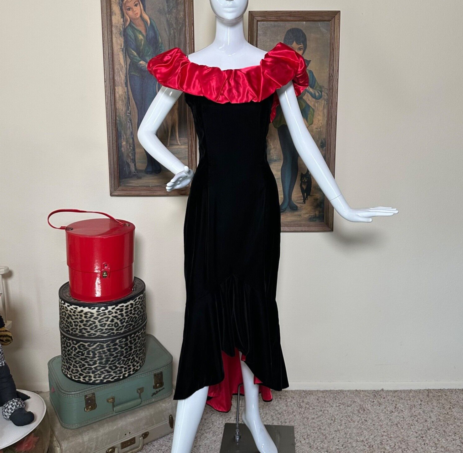 Vintage 80s Jessica McClintock Vampy Satin & Velvet Mermaid Party Prom Dress M/L