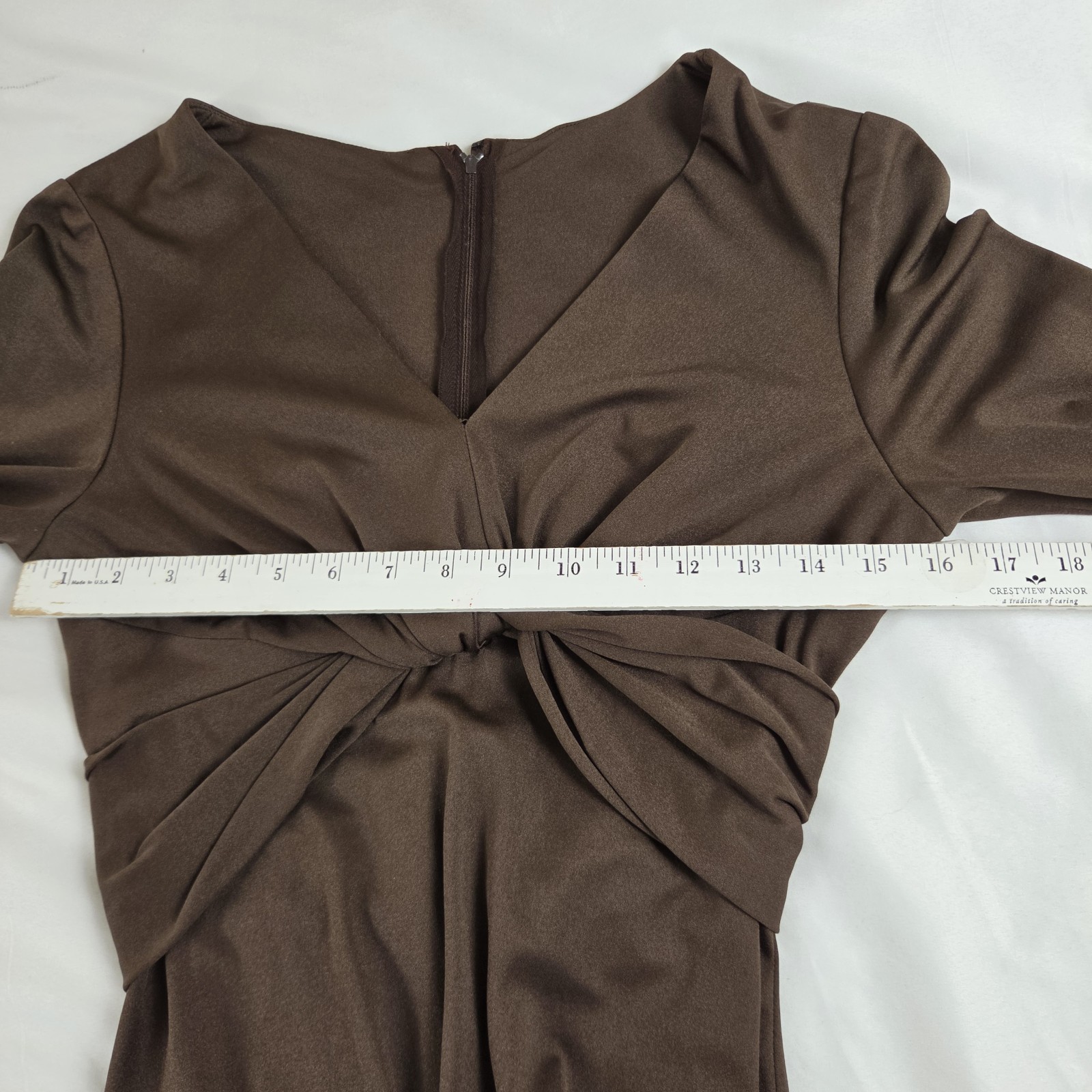 Vtg Miss Elliette CA Chocolate Brown Maxi Dress Deep V Long Sleeve Size S