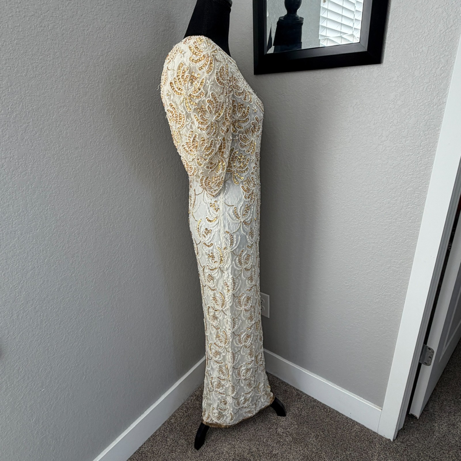 VINTAGE 80s Judith Ann Creations Ivory Gold Beaded Sequin Gown Dress Small