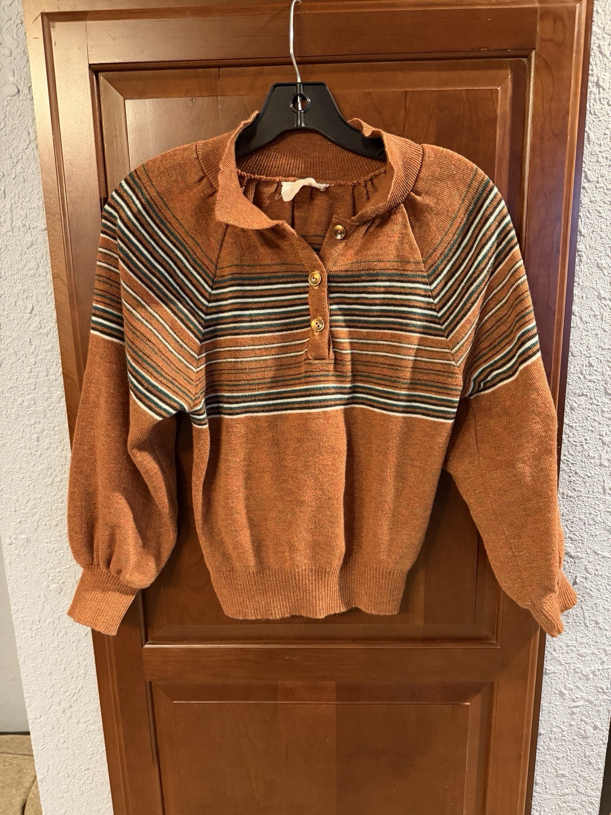 Vintage 70s Mock-neck Collar Button Brown & Stripe Knit Sweater Pullover Top S/M