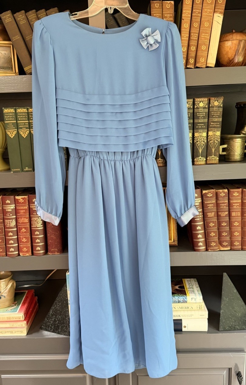 Vintage 70s Ursula Of Switzerland Powder Blue Chiffon Dress Satin Flower Size 6