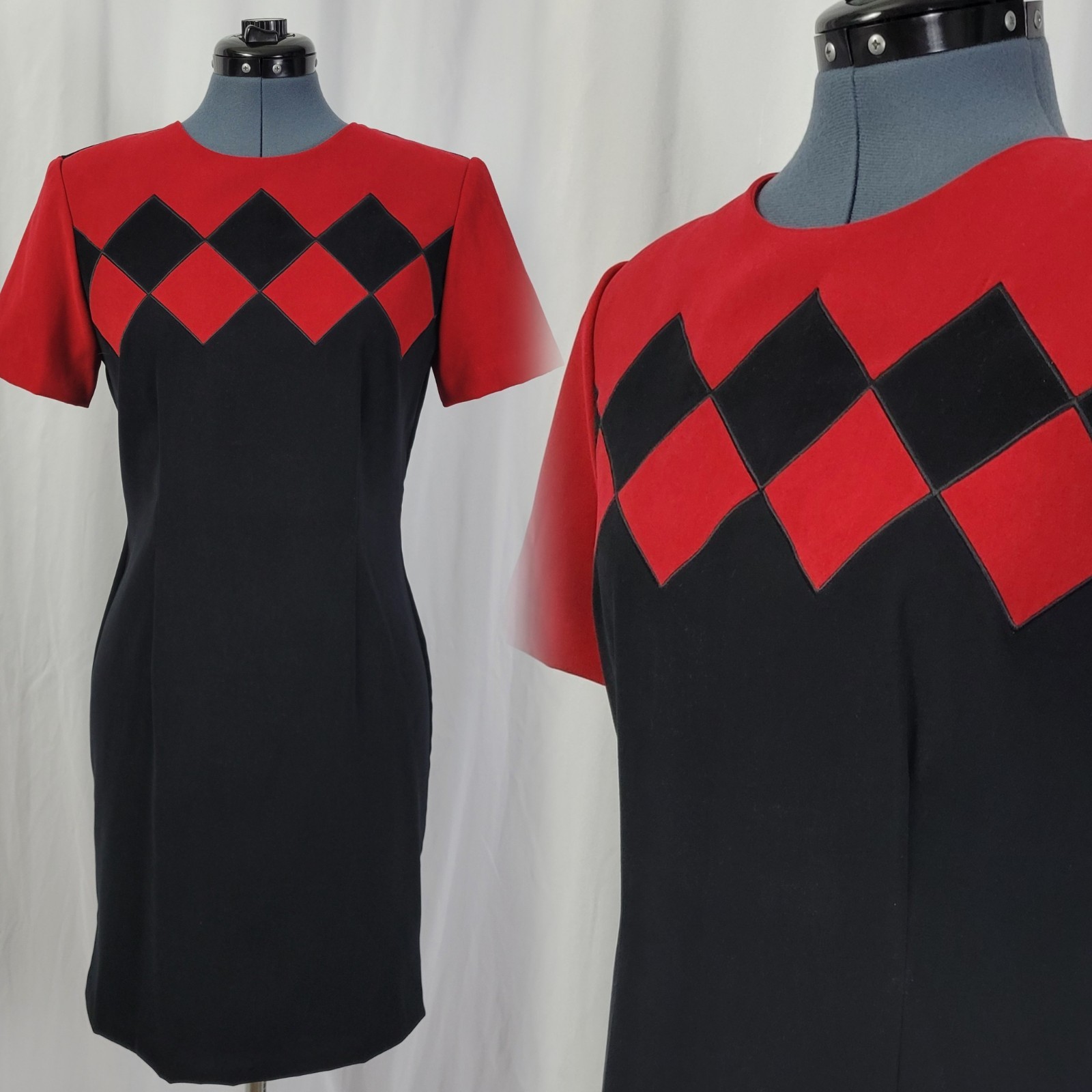 Vtg Scarlett Red & Black Sheath Dress w Diamond Harlequin Transition Size 3/4
