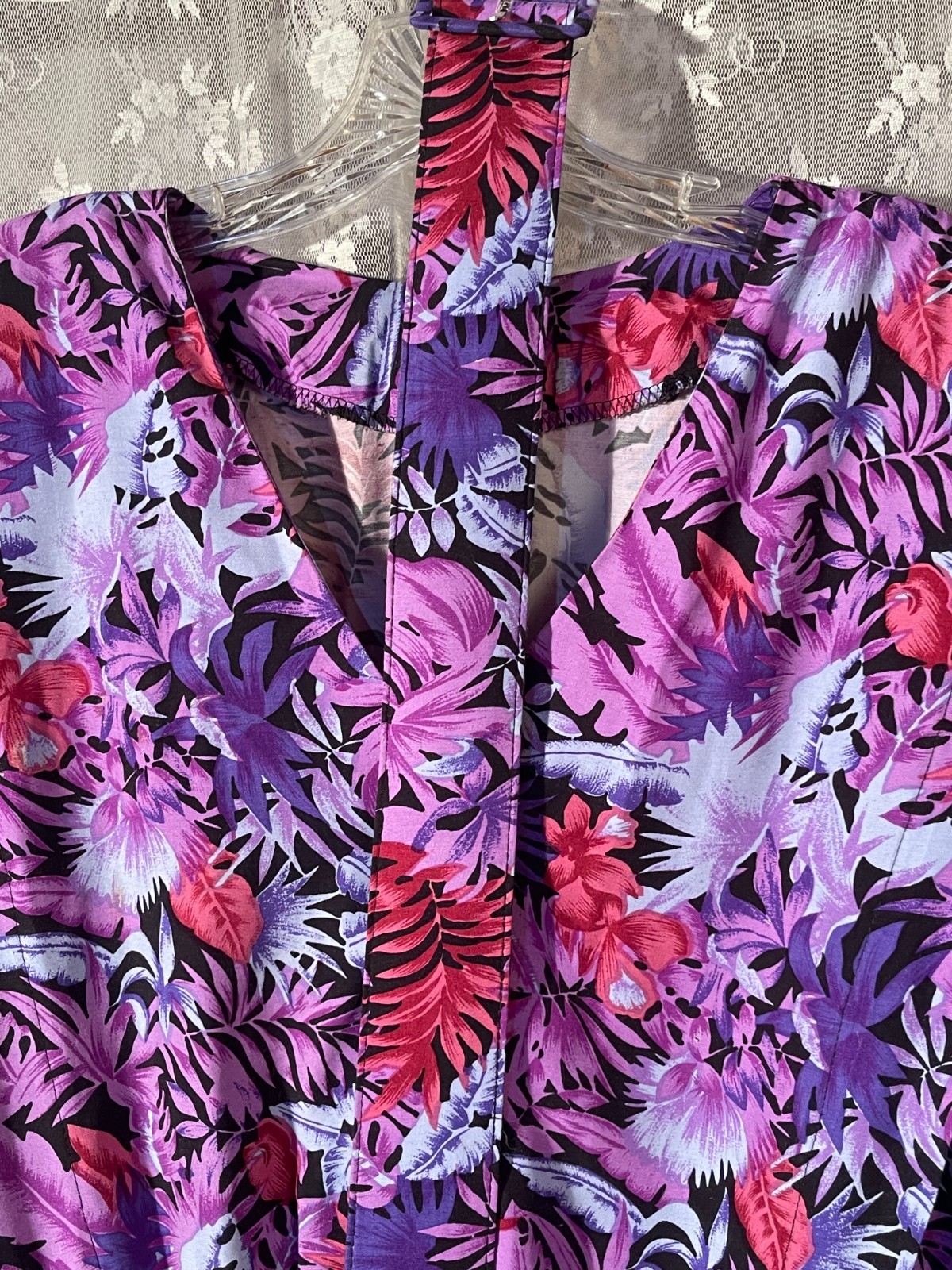 Vintage 80s Purple Dress Size XL 1980s Retro Tropical Floral Rayon Shirt Waist