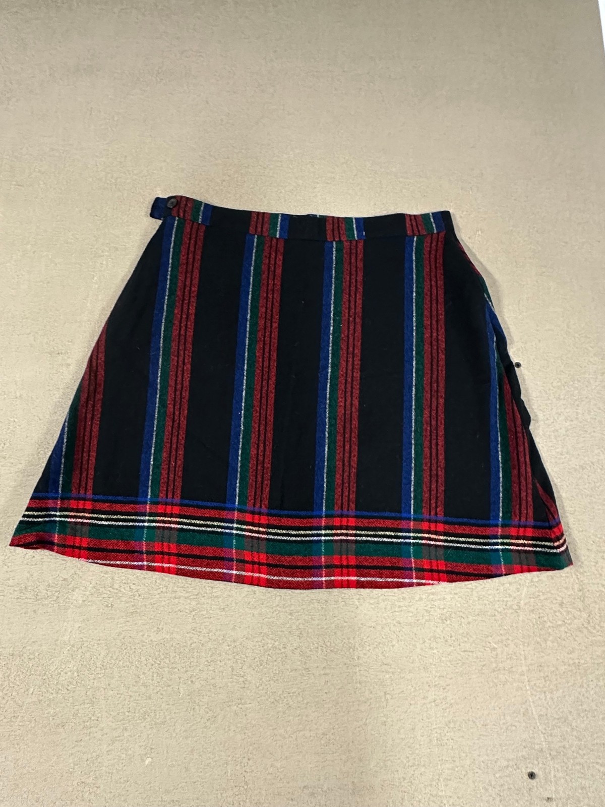 Vintage 60s 70s Red Blue Green Tartan Plaid Pleated Wool Wrap Kilt Style Skirt