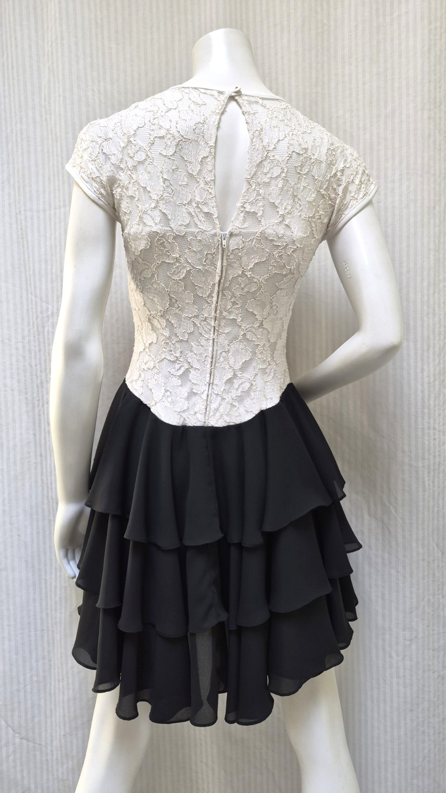 Vintage 80’s LATE EDITION Black w/ White Floral Lace Sheer Ruffle Dress – Size S