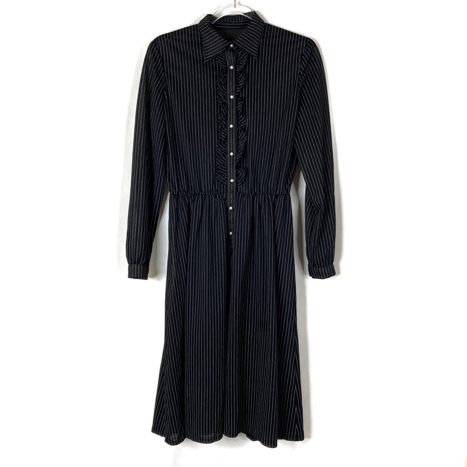 Vintage Black White Pinstripe Ruffle Button Down Mid Length Dress SHEER Medium?