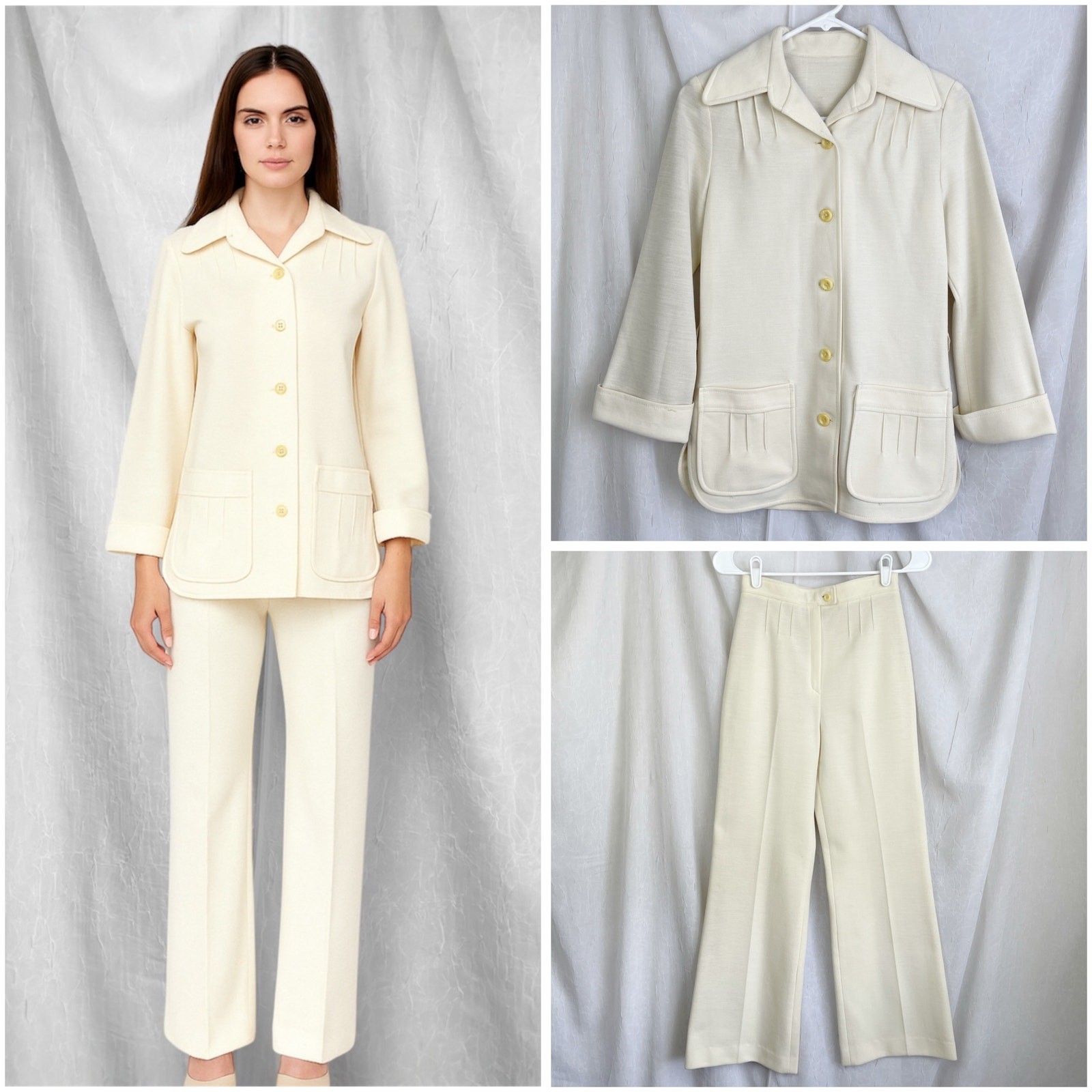 VTG 70’s Cream Blazer Jacket & High Waist Wide Leg Pants Suit Set Retro Size XS