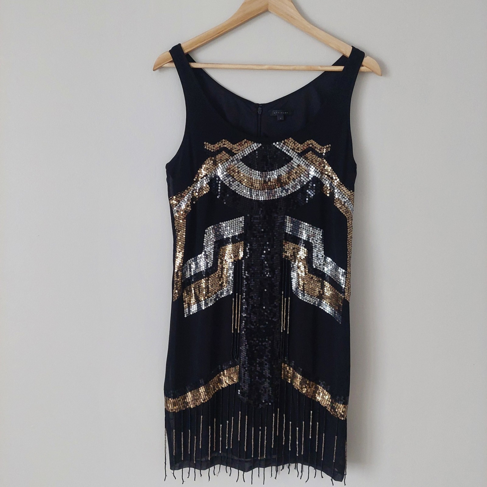 Attitude Retro 1920 Style Dress Flapper Spangled Tasseled Sequin Black Size 6