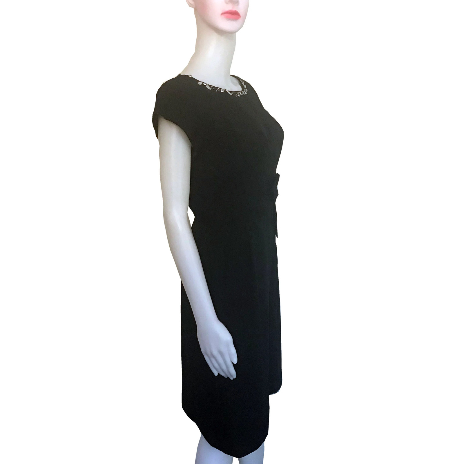 Vintage 1950s Black Embellished Wiggle Dress Cap Sleeves sz S