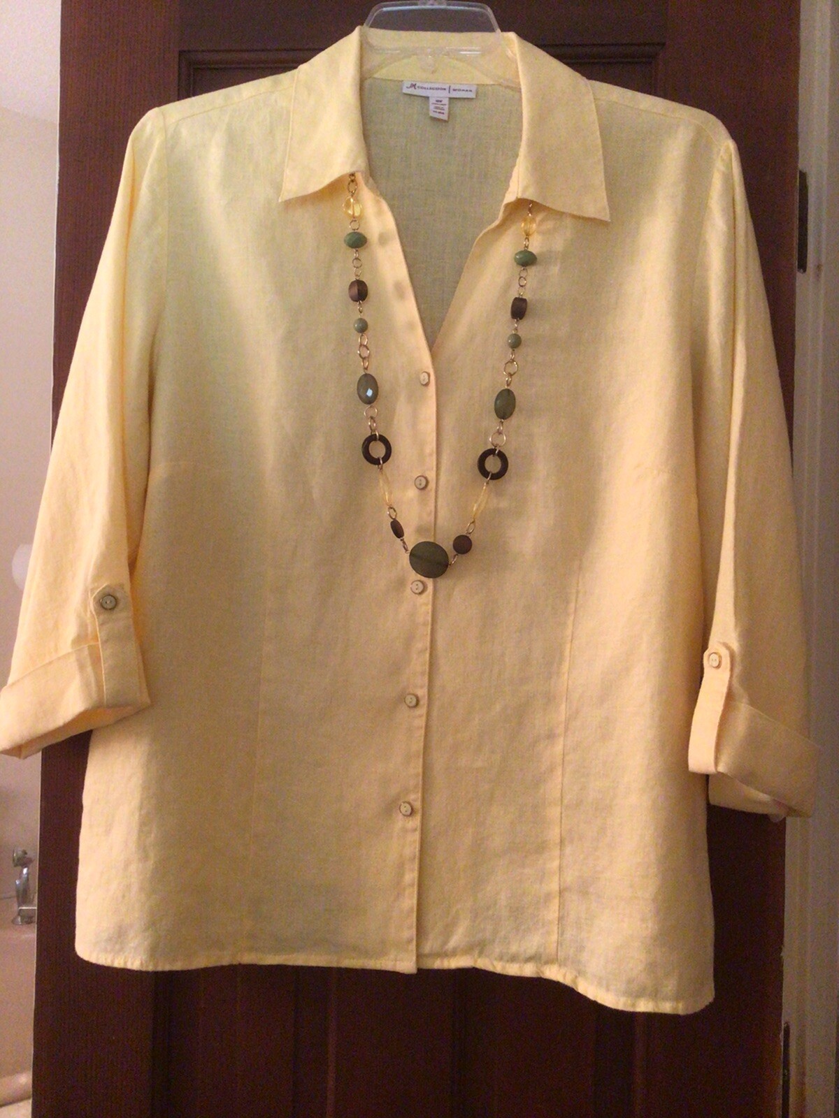 JM Collection Womans Plus 18W Blouse Yellow 3/4 Sleeve Detach Necklace Vintage