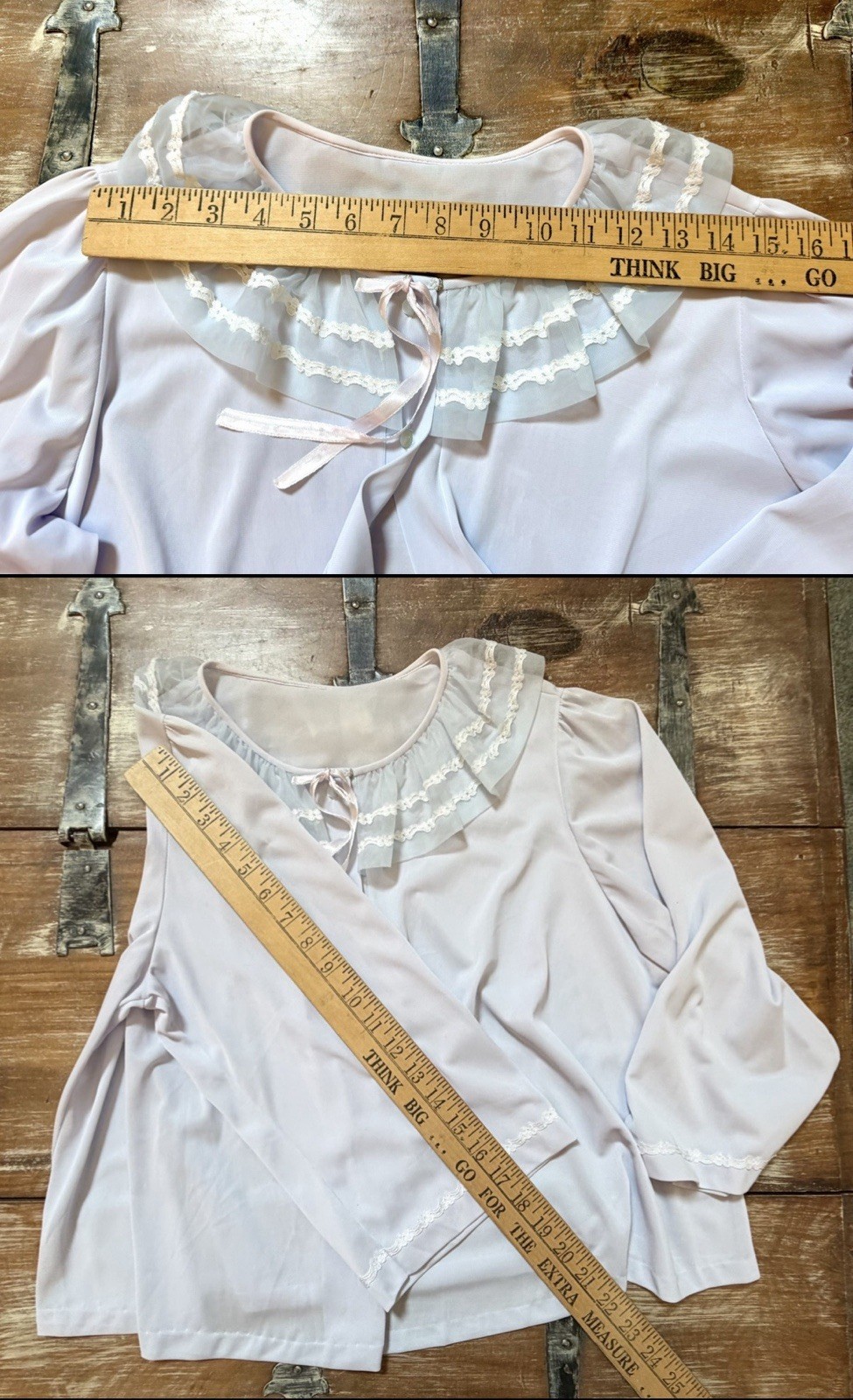 VTG 1950s MISS ELAINE Pale Lavender-Blue Pajama Top-BED JACKET PJ Sheer Lace M/L
