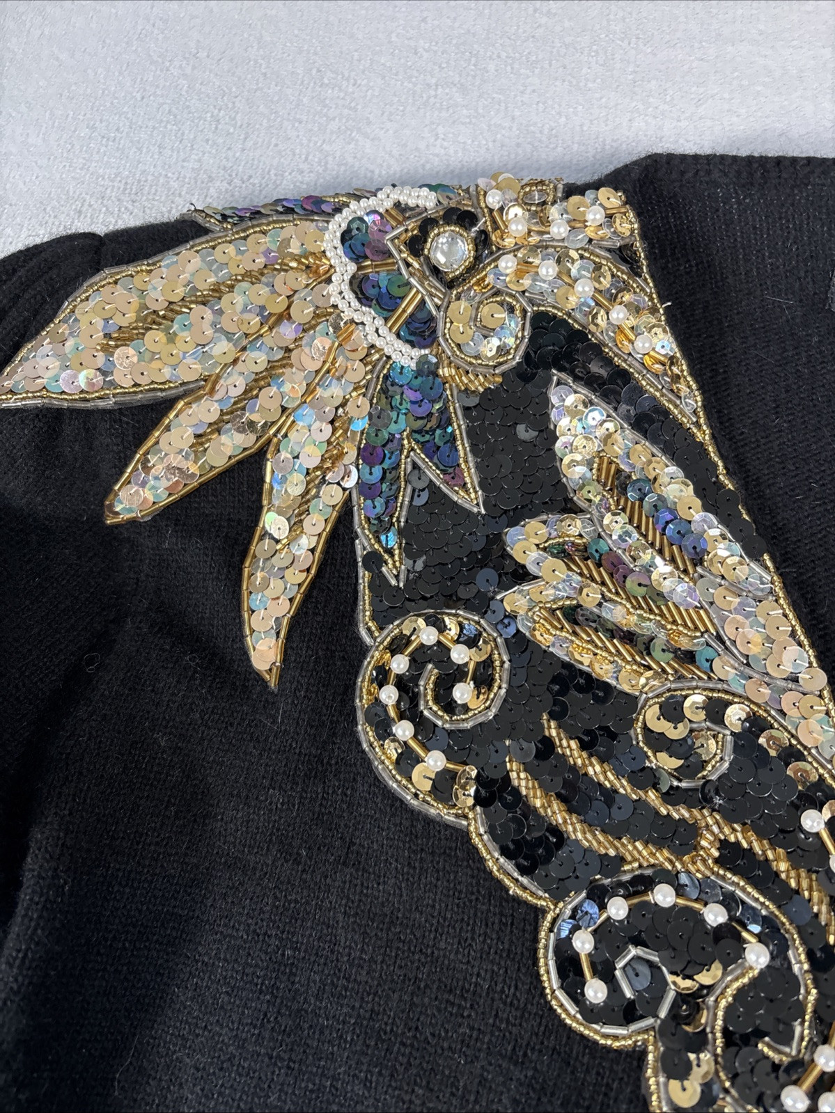 Vintage Angora Lambswool Sweater Womens M Black Gold Sequin Beaded 80s Glam