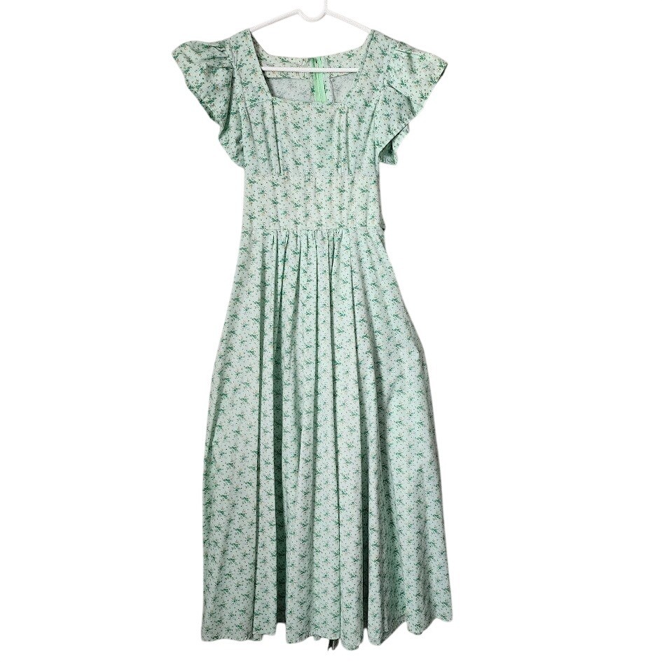VINTAGE Handmade Ditsy Floral Dress Mint Green Romantic Prairie Maxi Dress